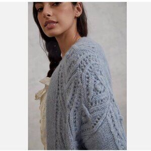Anthropologie Nuria Burt Orange Textured Cable Knit Light Blue Cardigan Sweater